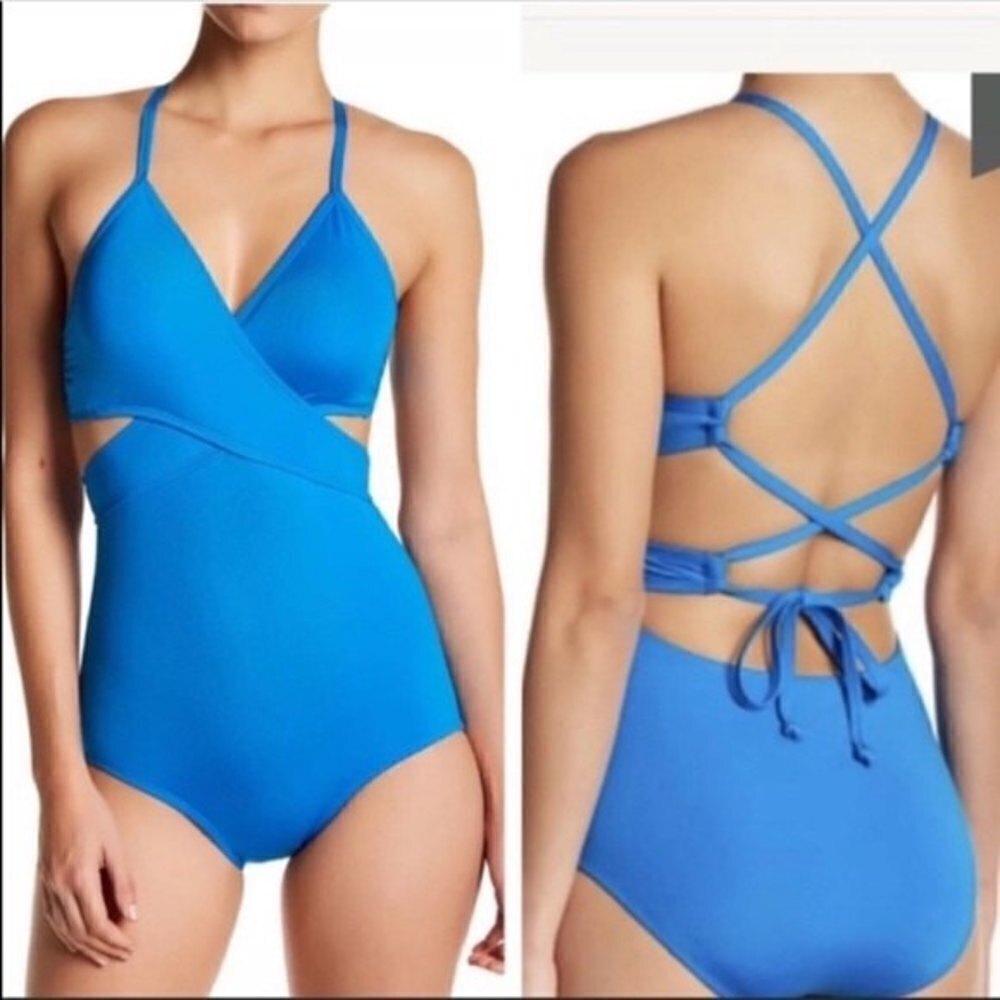 NEW Laundry Grecian Blue Strappy Criss Cross Monokini One Piece Bathing Suit